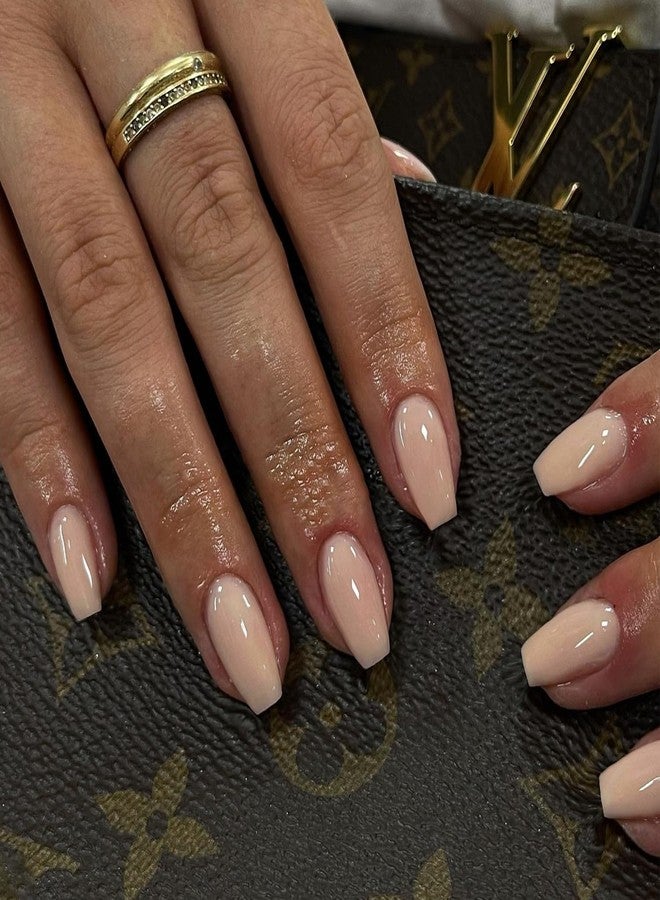 XCREANDO Nude Medium Short Coffin Press on Nails Medium Coffin Nails Press ons, Gel Glue on Nails Short Fake Nail for Women, Ballerina T Shape Acrylic False Nail Square Natural Handmade - Image 2